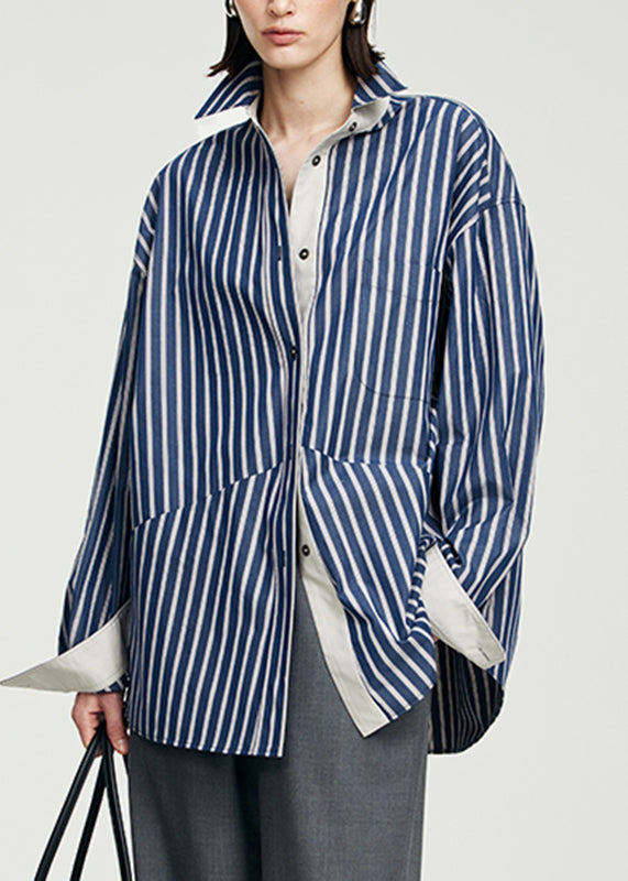 Plus Size Blue Striped Patchwork Button Top Long Sleeve