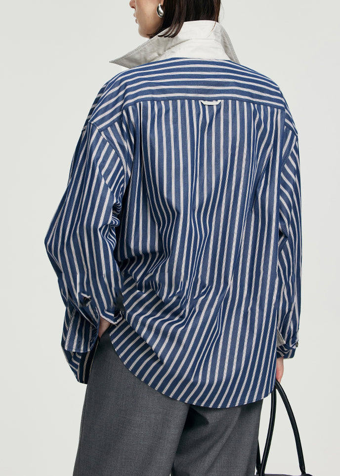 Plus Size Blue Striped Patchwork Button Top Long Sleeve