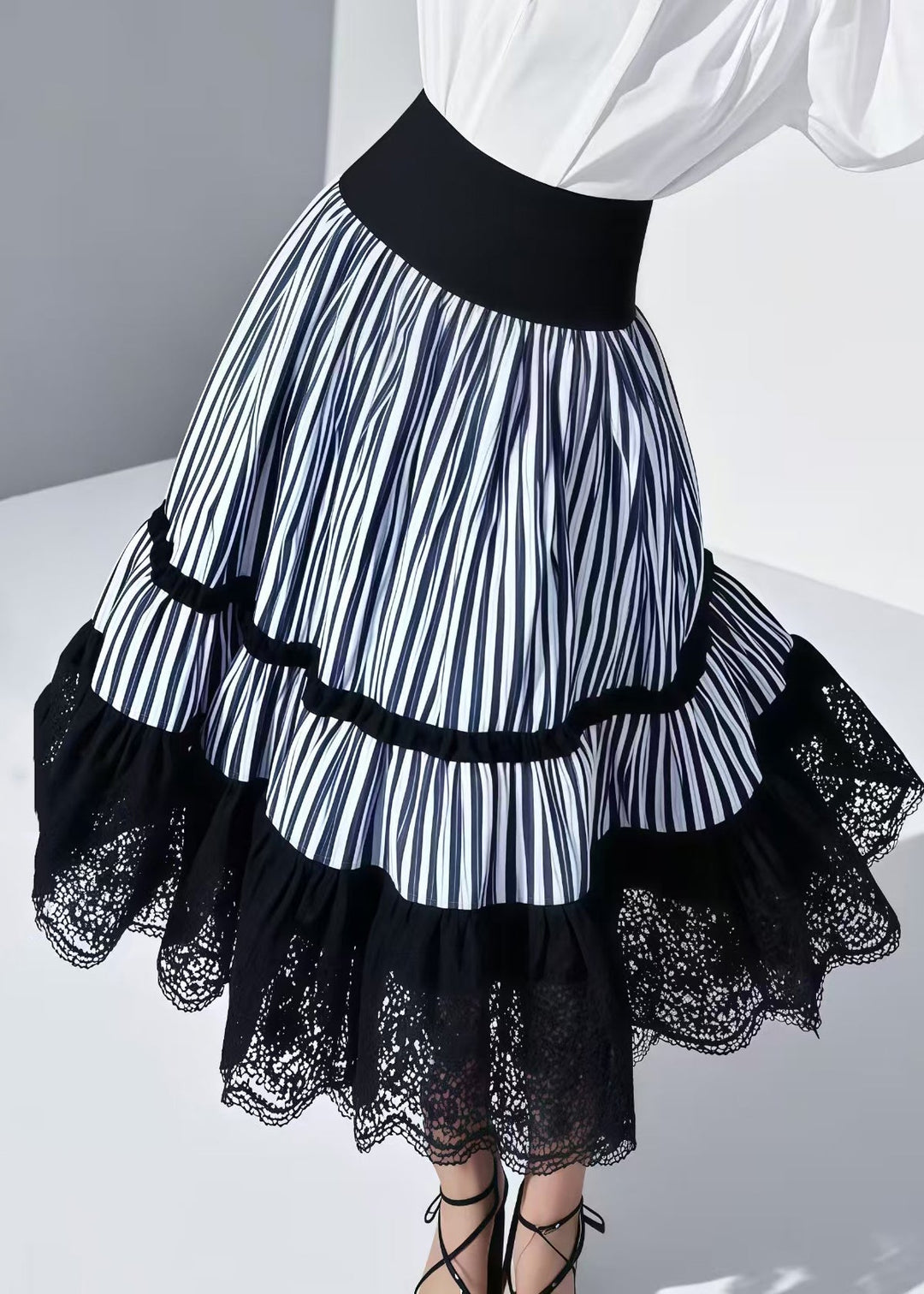 Plus Size Blue Striped Patchwork Lace Skirt Summer