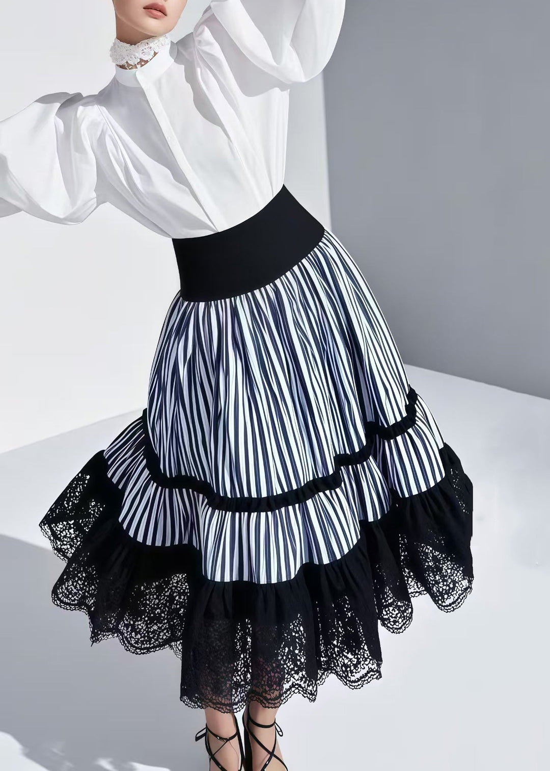 Plus Size Blue Striped Patchwork Lace Skirt Summer