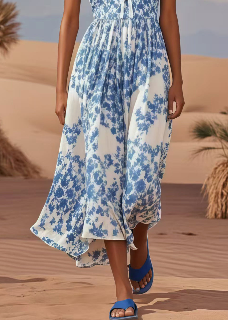 Plus Size Blue U Neck Print Cotton Holiday Dress Summer