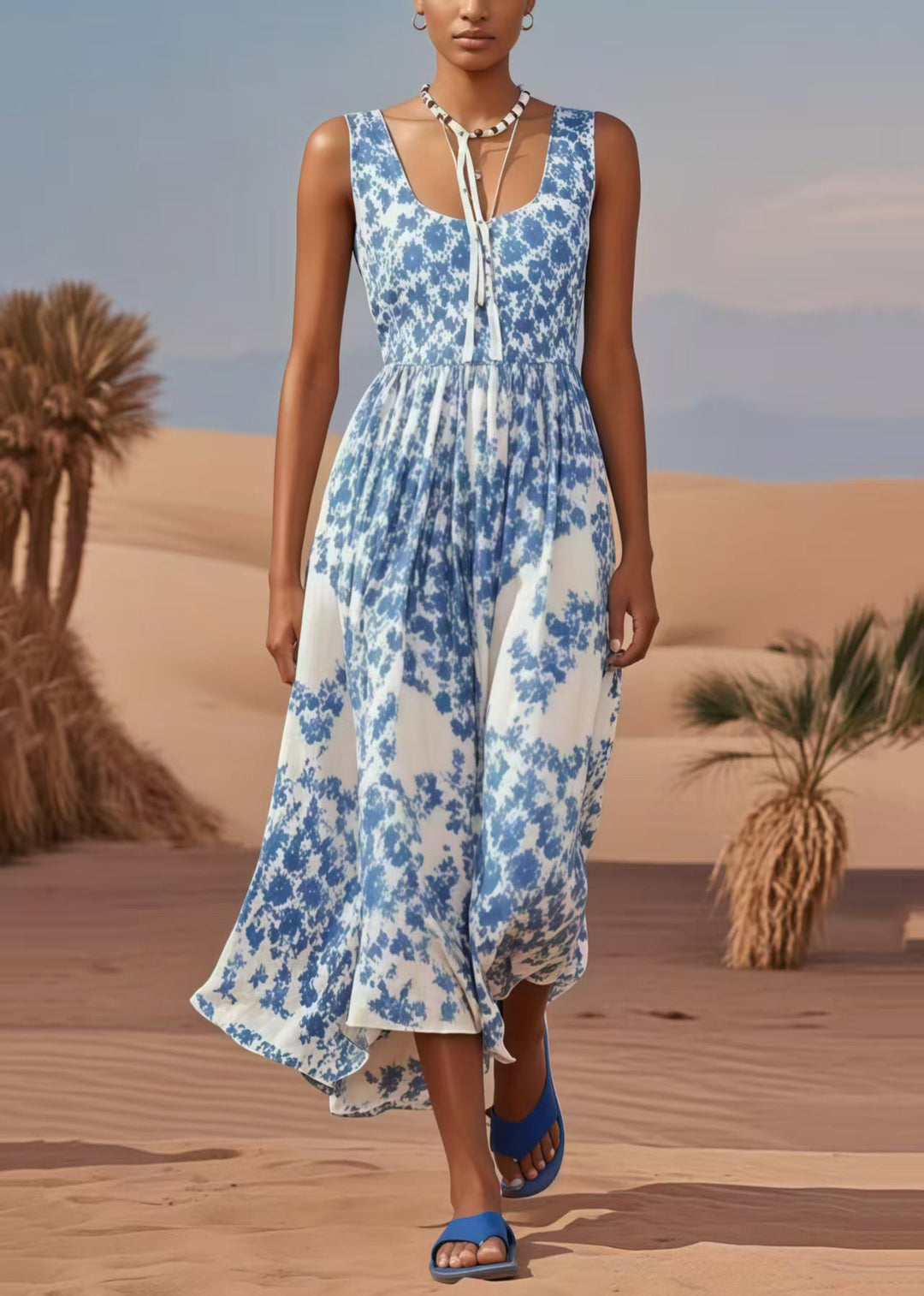 Plus Size Blue U Neck Print Cotton Holiday Dress Summer