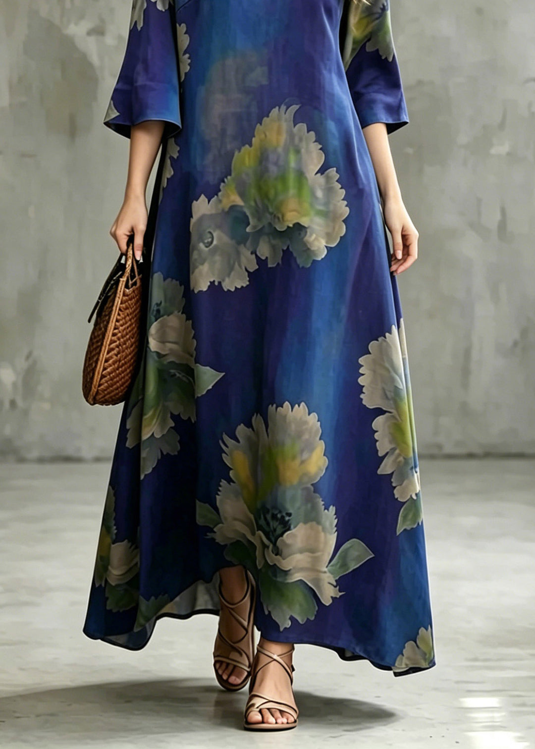 Plus Size Blue V Neck Patchwork Maxi Dress Half Sleeve