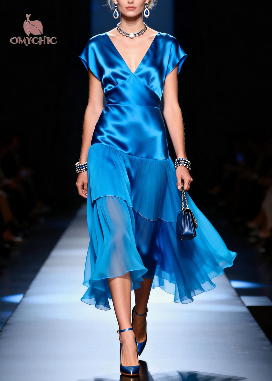Plus Size Blue V Neck Patchwork Silk Day Dress Summer