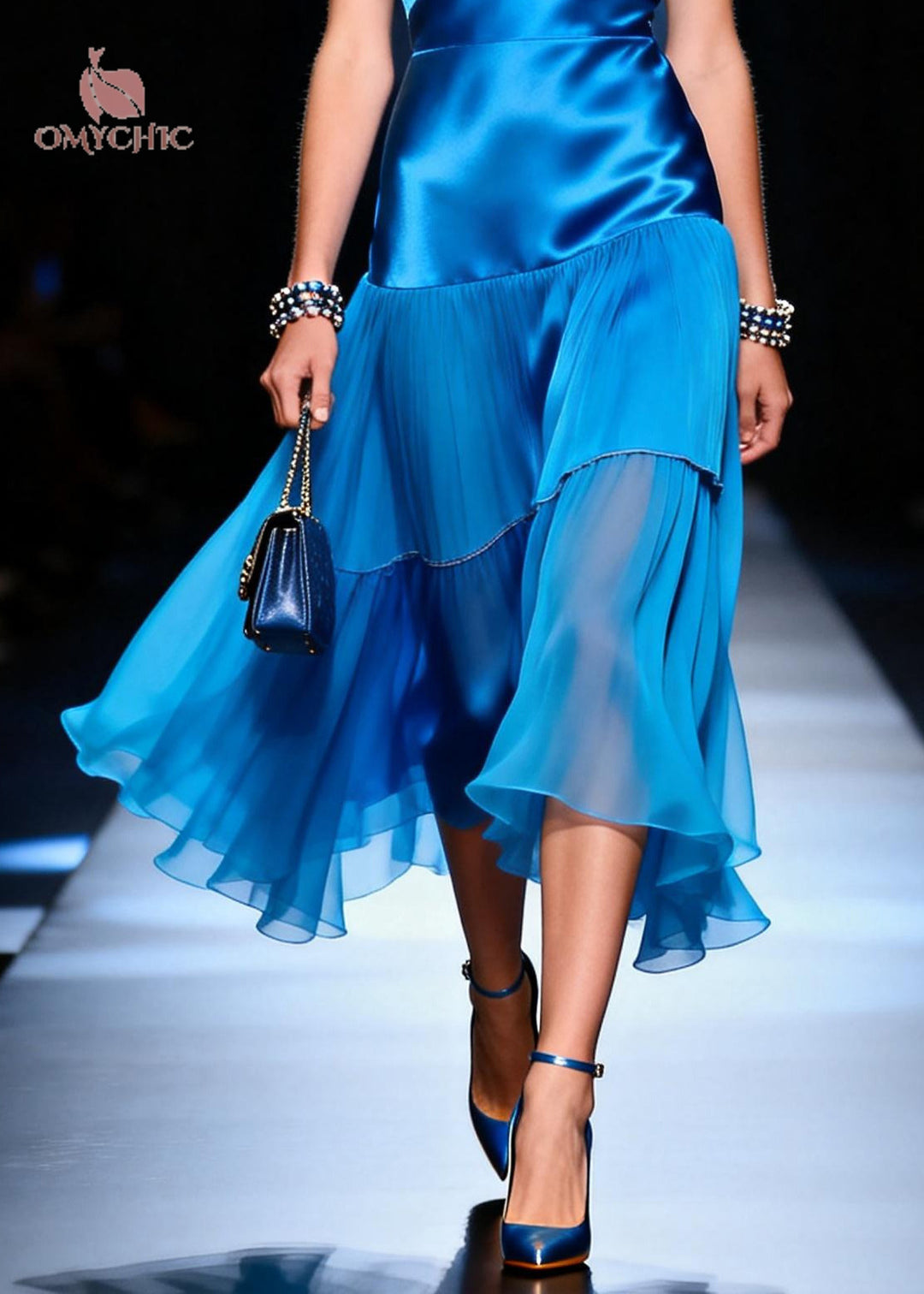 Plus Size Blue V Neck Patchwork Silk Day Dress Summer