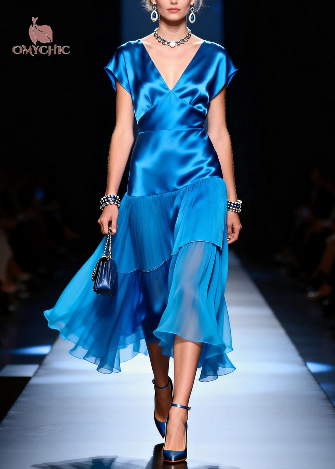 Plus Size Blue V Neck Patchwork Silk Day Dress Summer