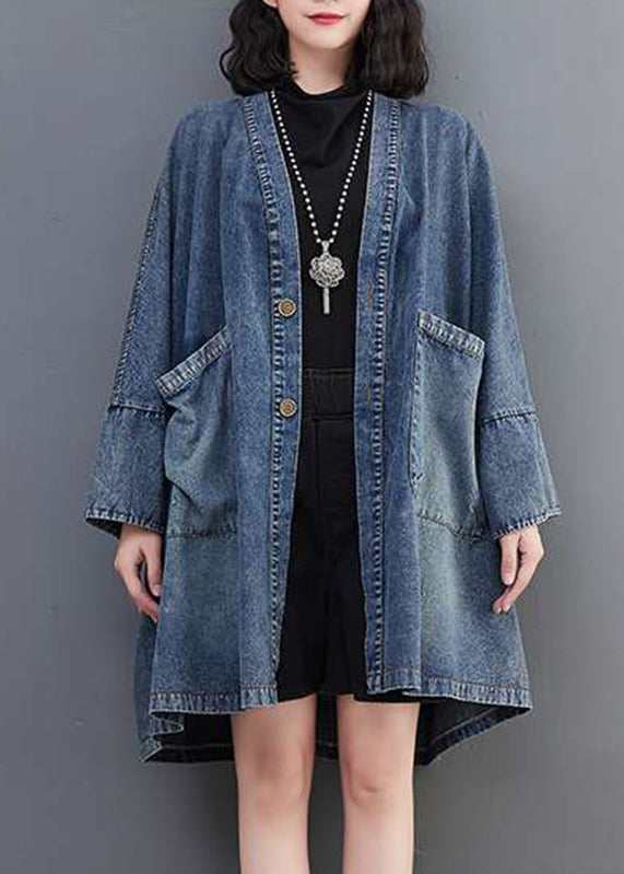 Plus Size Blue V Neck Pockets Denim Coats Fall