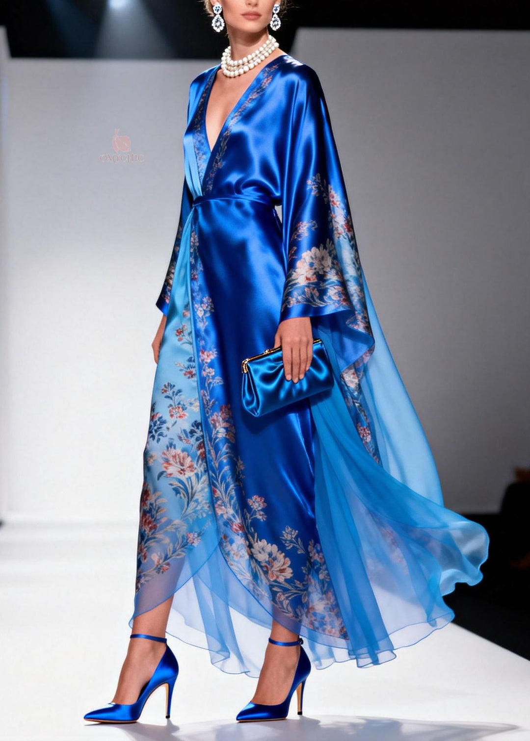 Plus Size Blue V Neck Print Patchwork Chiffon Dress Spring