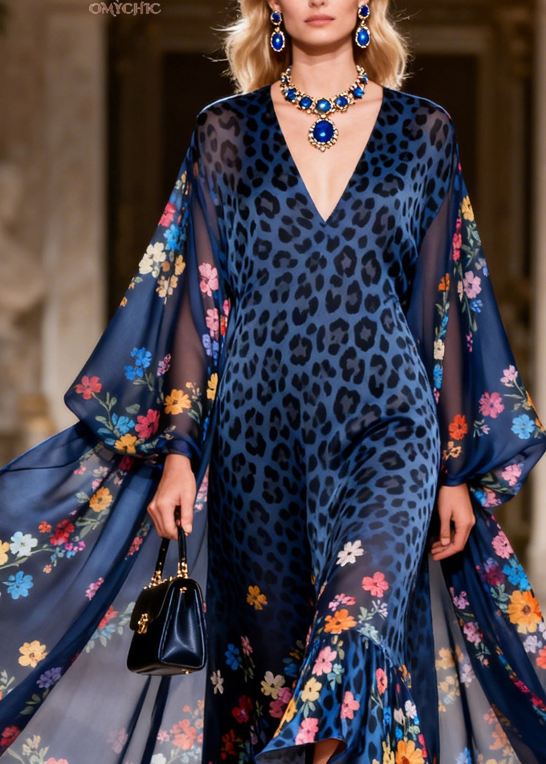Plus Size Blue V Neck Print Ruffled Chiffon Long Dresses Summer