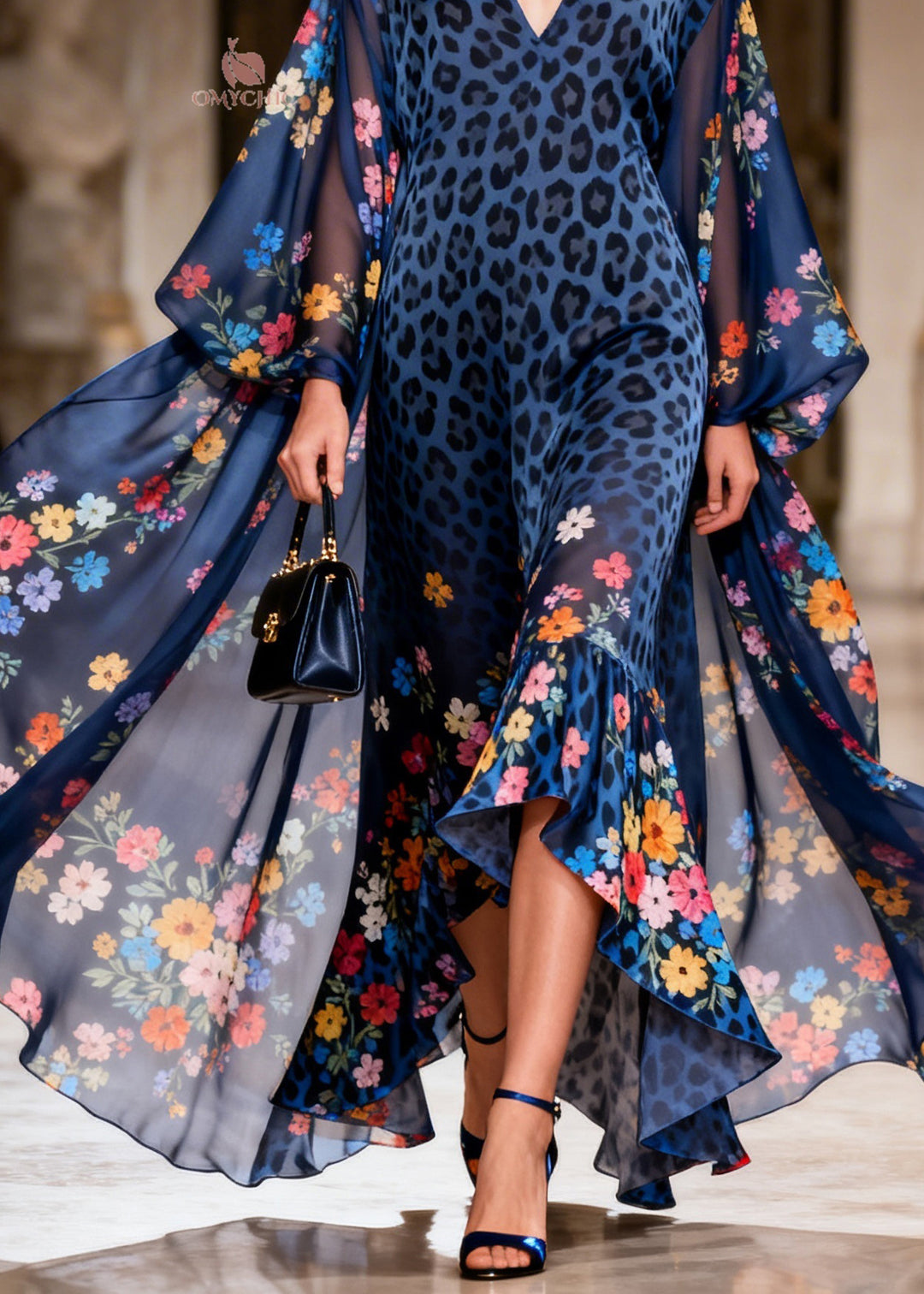 Plus Size Blue V Neck Print Ruffled Chiffon Long Dresses Summer