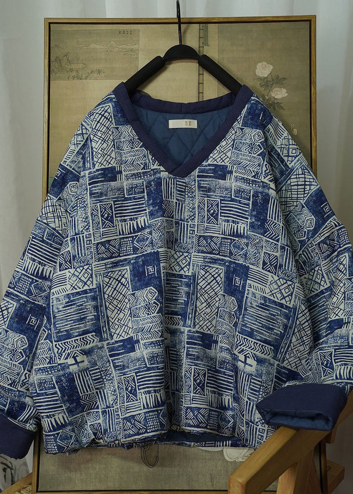 Plus Size Blue V Neck Print Thick Fine Cotton Filled Jacket Winter