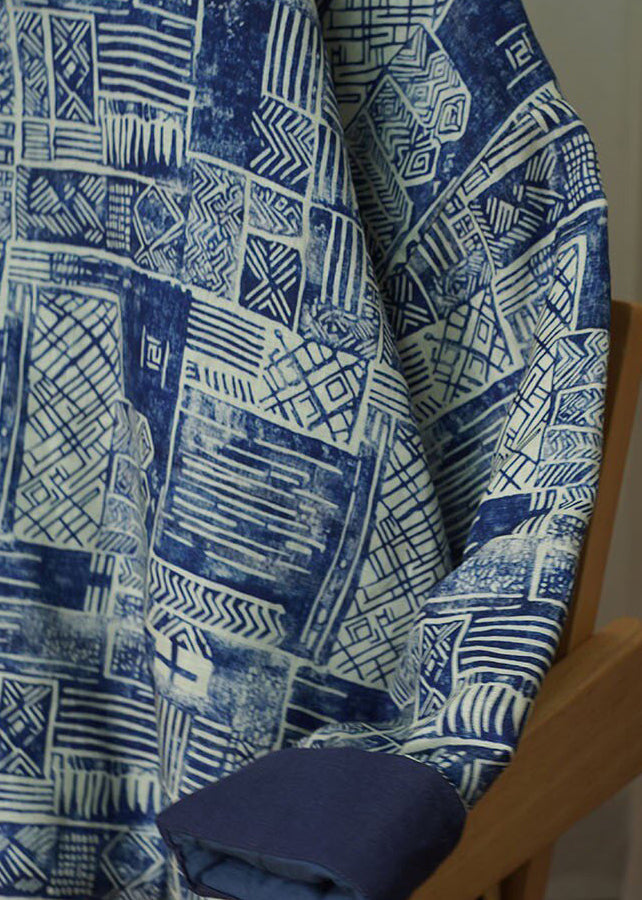 Plus Size Blue V Neck Print Thick Fine Cotton Filled Jacket Winter