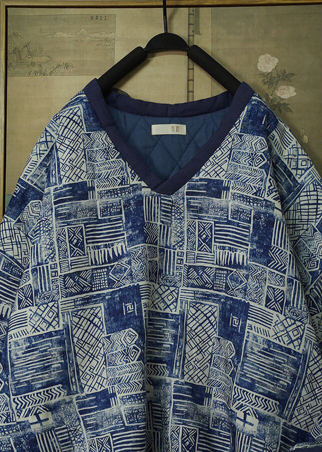 Plus Size Blue V Neck Print Thick Fine Cotton Filled Jacket Winter