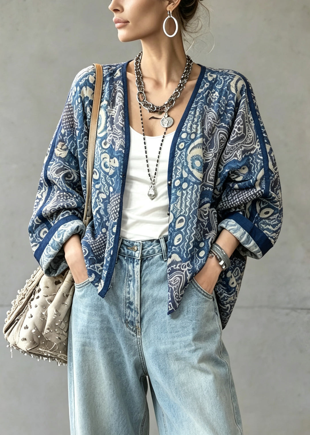 Plus Size Blue V Neck Tie Dye Linen Cardigans Lantern Sleeve