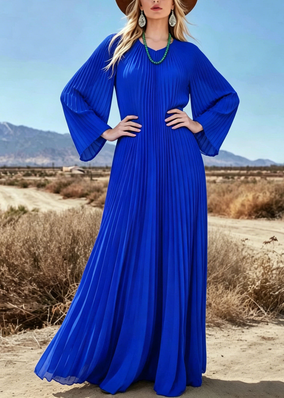 Plus Size Blue V Neck Wrinkled Chiffon Long Dresses Summer