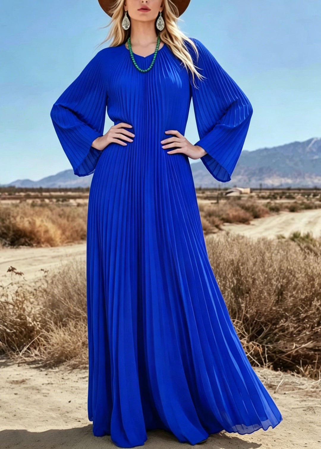 Plus Size Blue V Neck Wrinkled Chiffon Long Dresses Summer