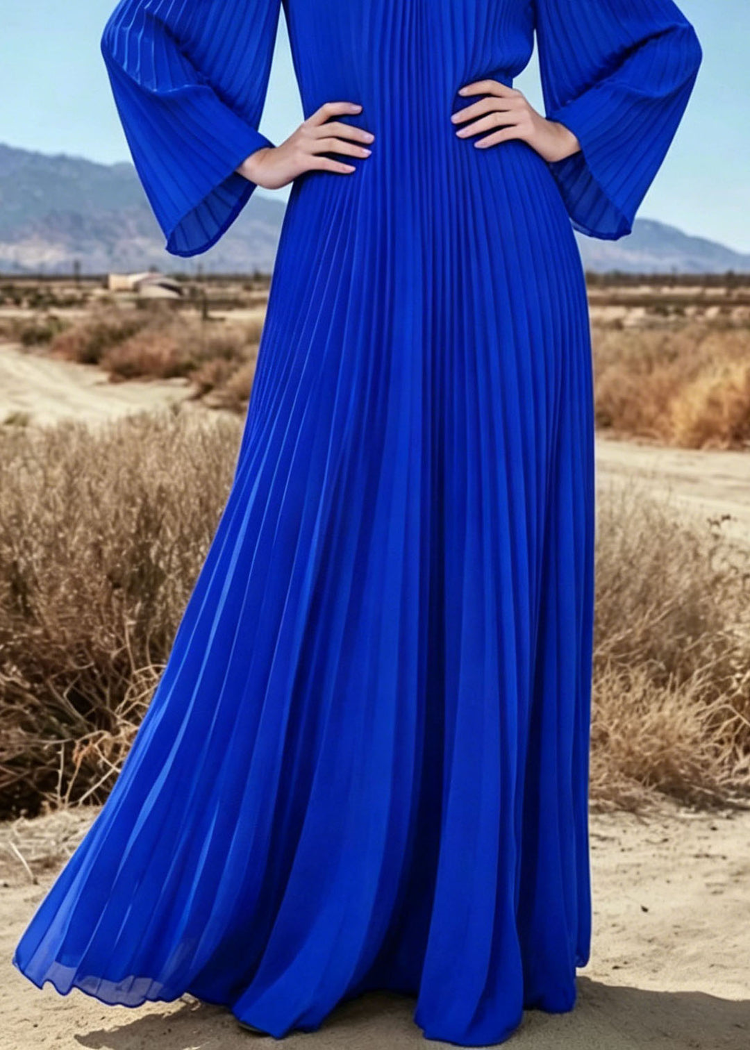 Plus Size Blue V Neck Wrinkled Chiffon Long Dresses Summer
