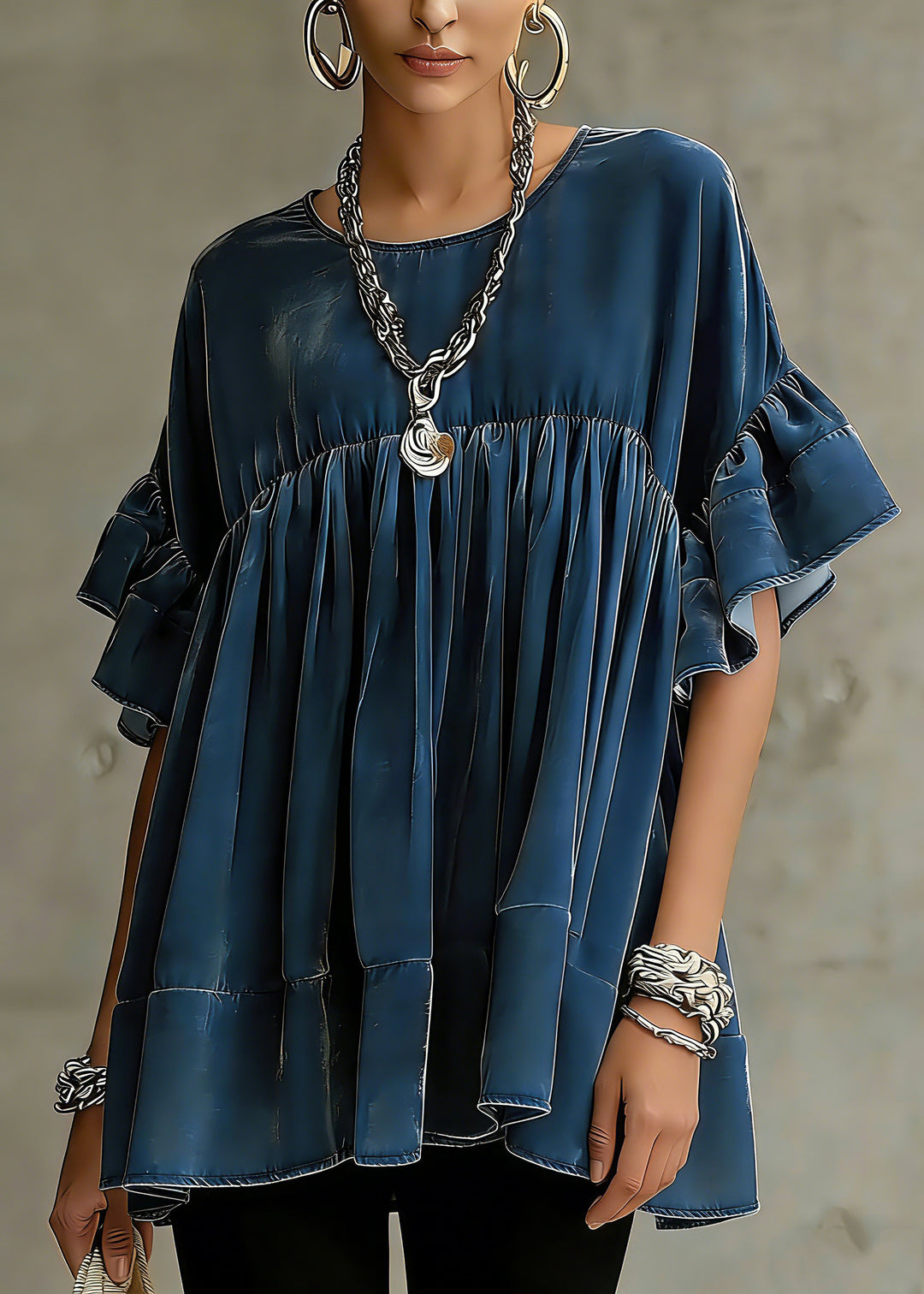 Plus Size Blue Wrinkled Patchwork Velour Short Dress Butterfly Sleeve1