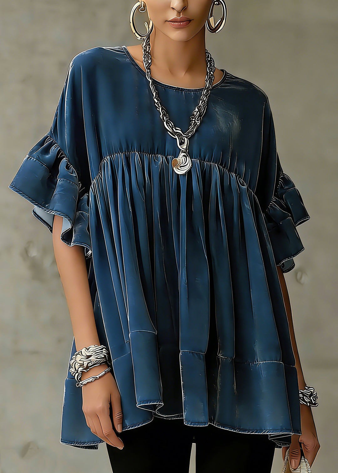 Plus Size Blue Wrinkled Patchwork Velour Short Dress Butterfly Sleeve1