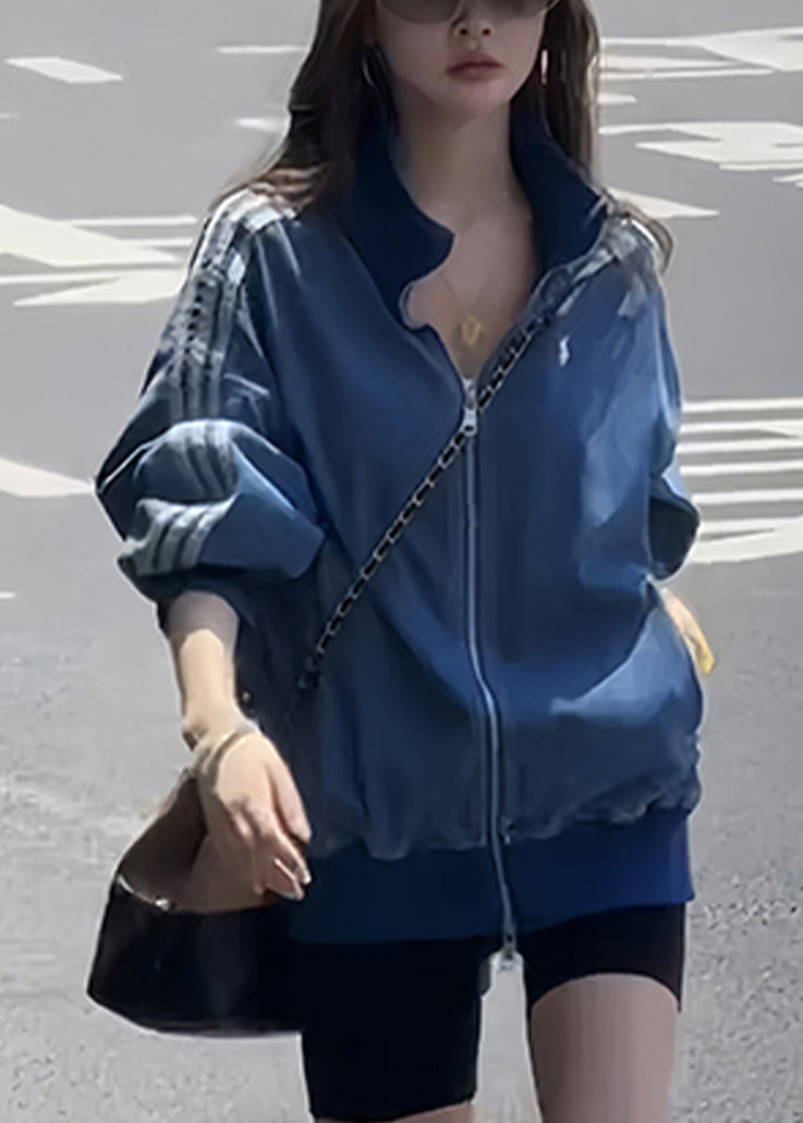 Plus Size Blue Zip Up Striped Pockets Denim Coats Fall