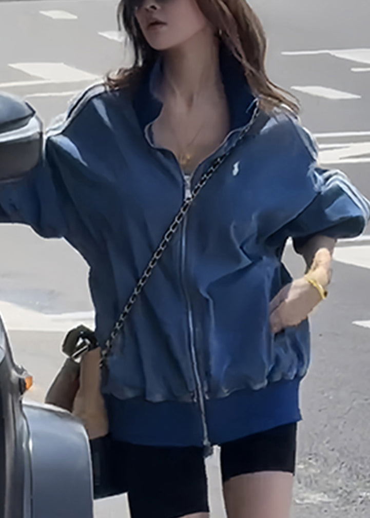 Plus Size Blue Zip Up Striped Pockets Denim Coats Fall