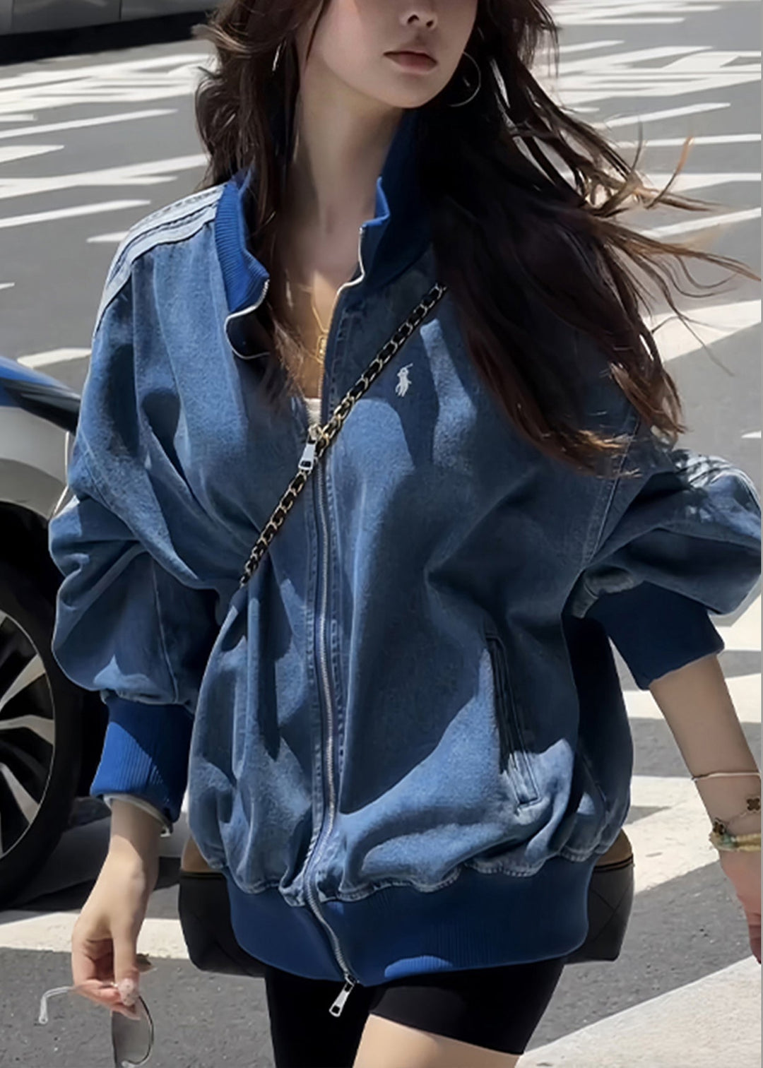 Plus Size Blue Zip Up Striped Pockets Denim Coats Fall