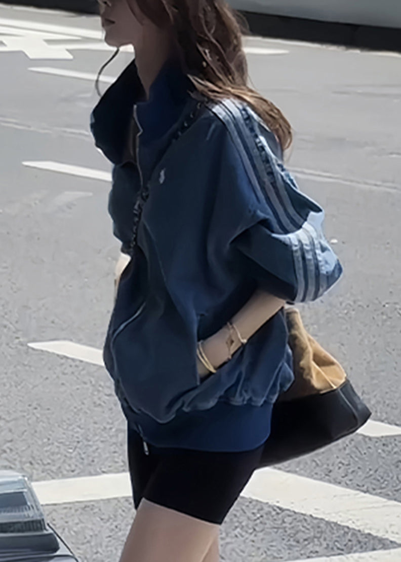 Plus Size Blue Zip Up Striped Pockets Denim Coats Fall