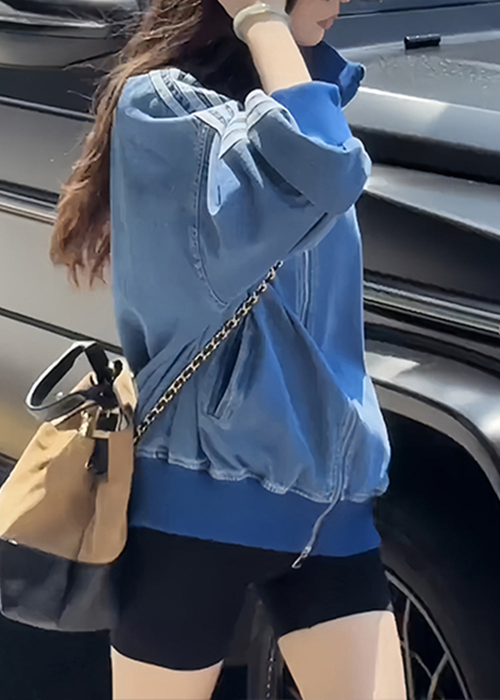 Plus Size Blue Zip Up Striped Pockets Denim Coats Fall