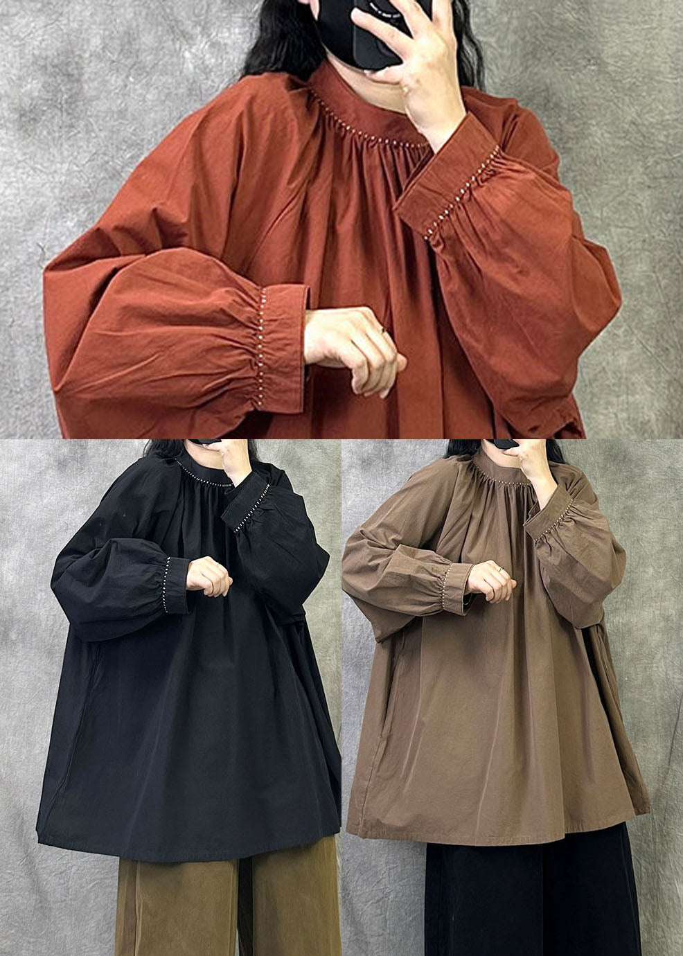 Plus Size Brick Red Stand Collar Cotton Pullover Tops Fall