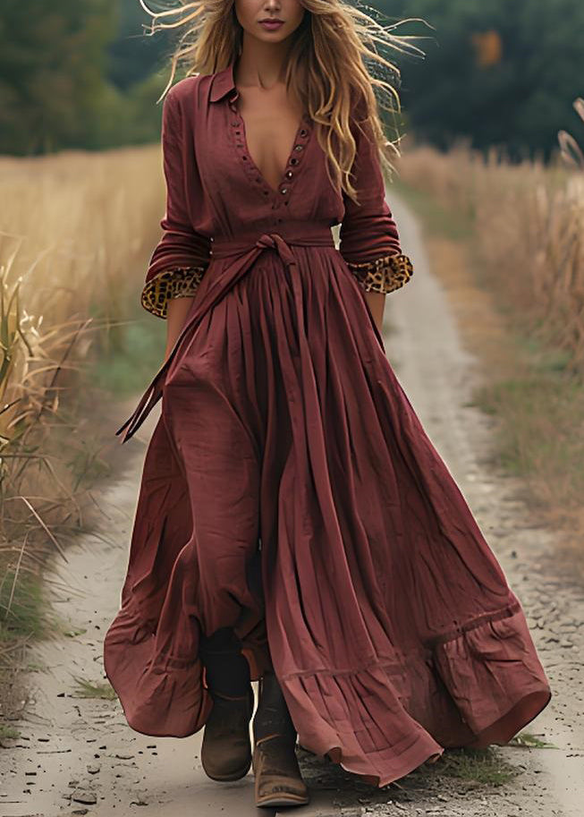 Plus Size Brick Red Wrinkled Patchwork Cotton Robe Dresses Spring