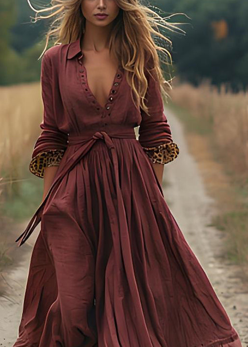 Plus Size Brick Red Wrinkled Patchwork Cotton Robe Dresses Spring
