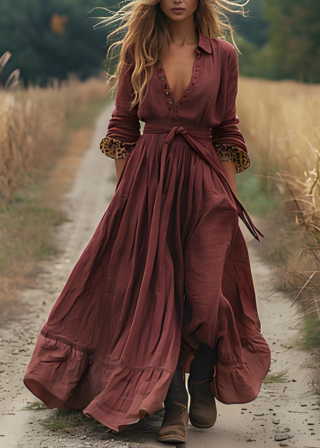 Plus Size Brick Red Wrinkled Patchwork Cotton Robe Dresses Spring
