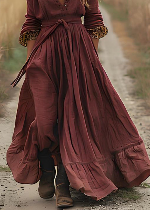 Plus Size Brick Red Wrinkled Patchwork Cotton Robe Dresses Spring