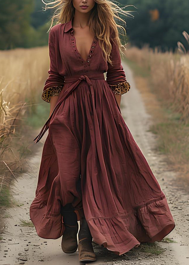 Plus Size Brick Red Wrinkled Patchwork Cotton Robe Dresses Spring