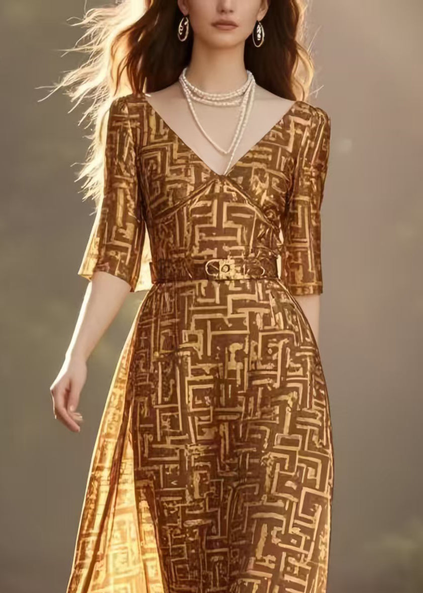 Plus Size Brown Cinched Print Chiffon Long Dress Half Sleeve