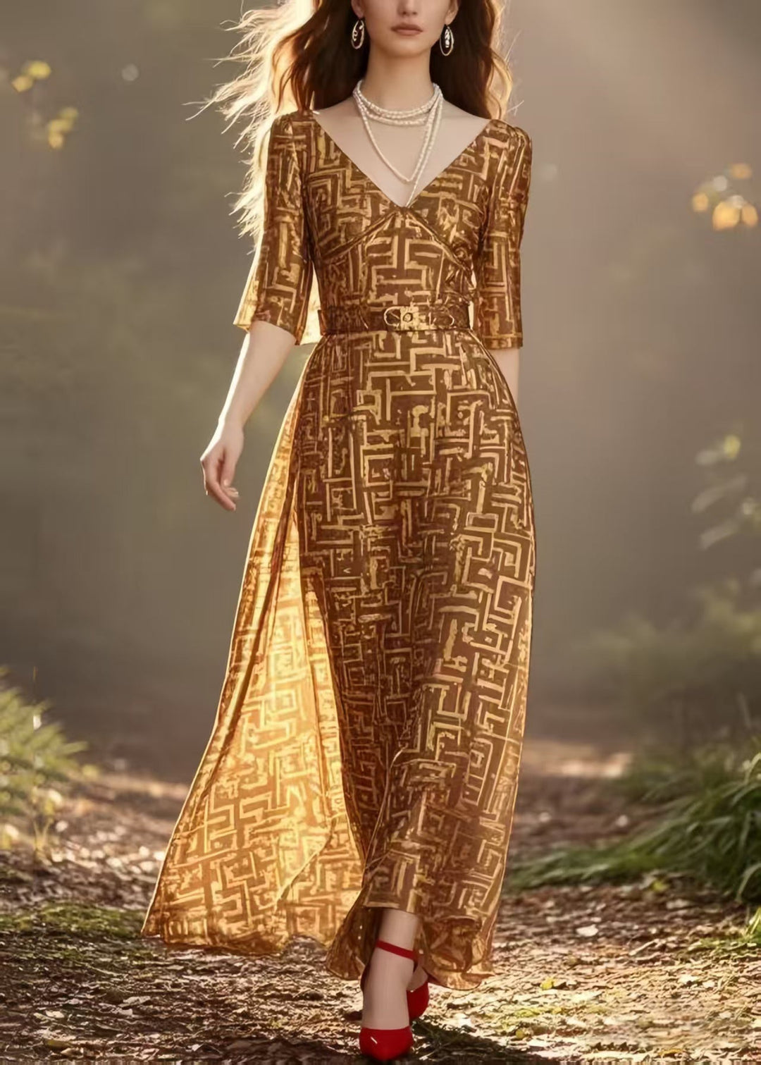 Plus Size Brown Cinched Print Chiffon Long Dress Half Sleeve