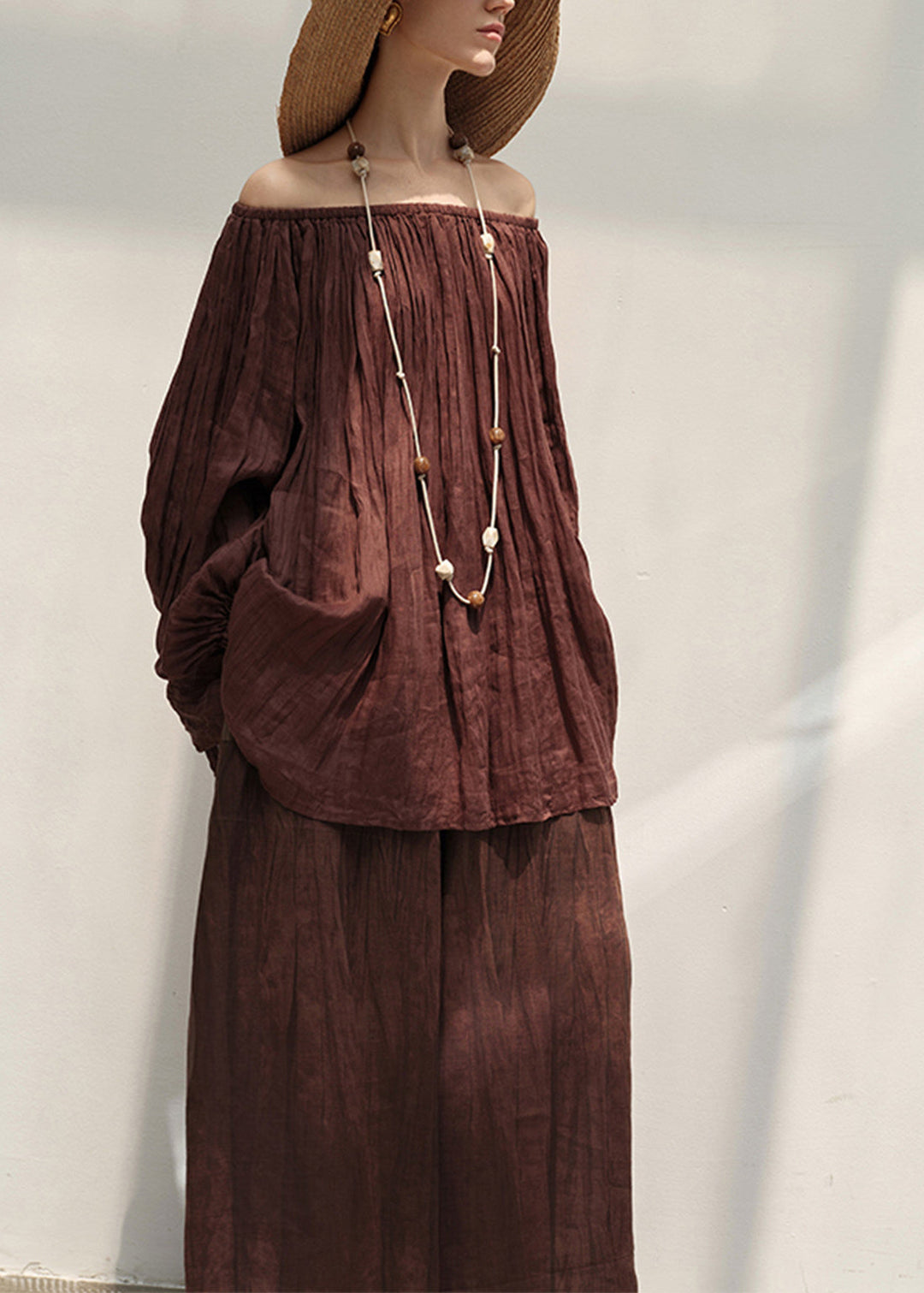Plus Size Brown Cold Shoulder Wrinkled Linen Two Piece Suit Set Summer