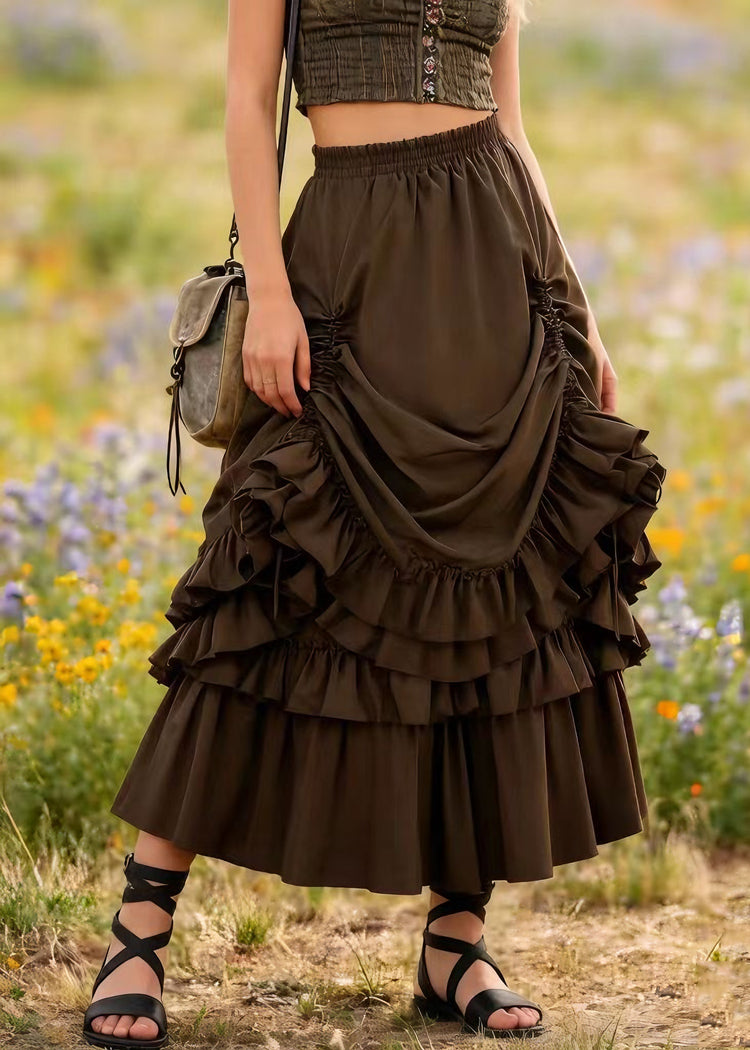 Plus Size Brown Drawstring Ruffled Patchwork Cotton Skirt Spring - Omychic