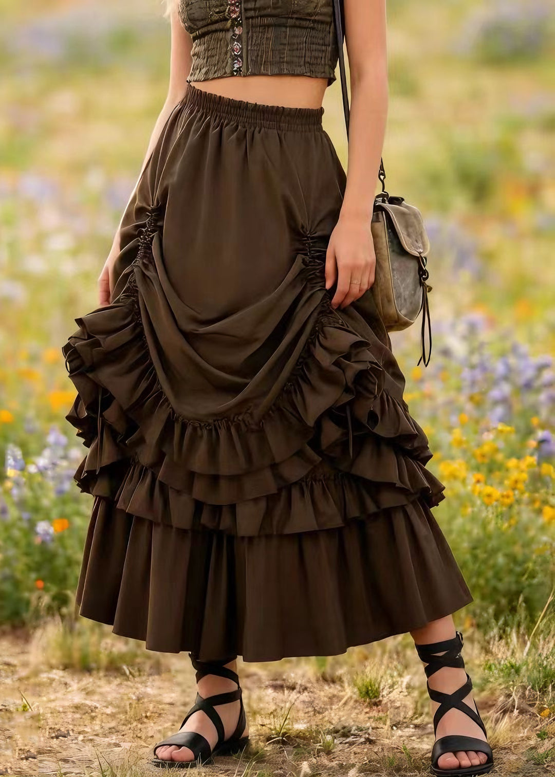 Plus Size Brown Drawstring Ruffled Patchwork Cotton Skirt Spring - Omychic