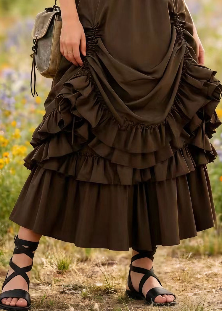Plus Size Brown Drawstring Ruffled Patchwork Cotton Skirt Spring - Omychic