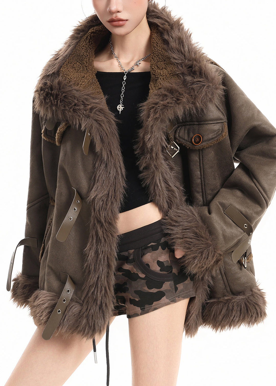 Plus Size Brown Faux Fox Collar Patchwork Warm Fleece Trench Winter