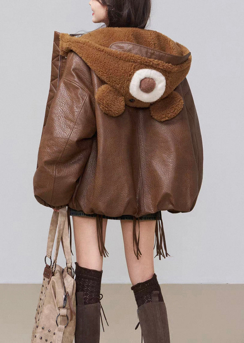 Plus Size Brown Hooded Pockets Fluffy Faux Leather Winter