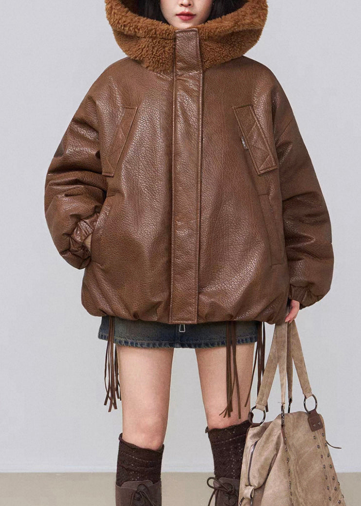 Plus Size Brown Hooded Pockets Fluffy Faux Leather Winter