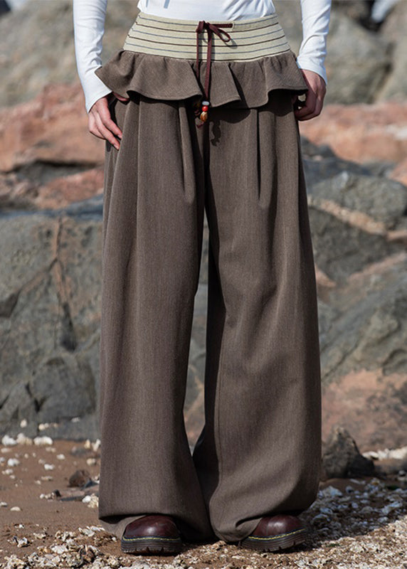 Plus Size Brown Knit Patchwork Elastic Waist Wide Leg Pants Fall