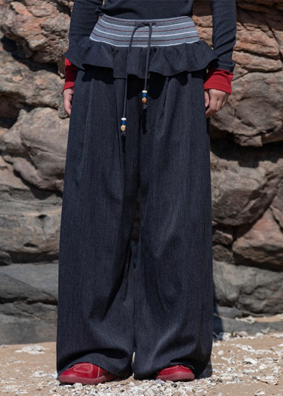 Plus Size Brown Knit Patchwork Elastic Waist Wide Leg Pants Fall