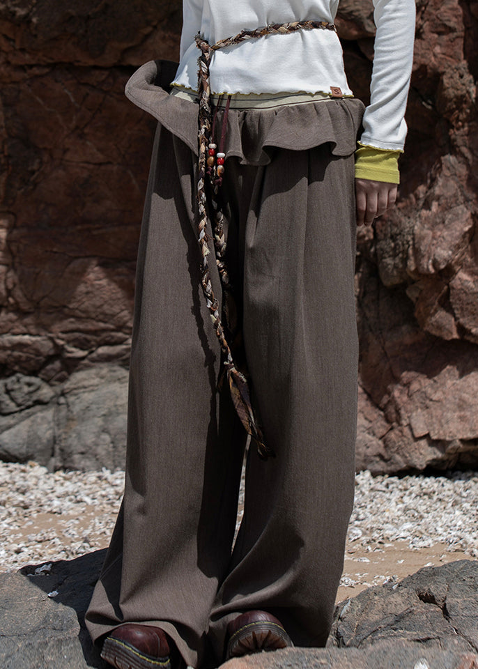 Plus Size Brown Knit Patchwork Elastic Waist Wide Leg Pants Fall