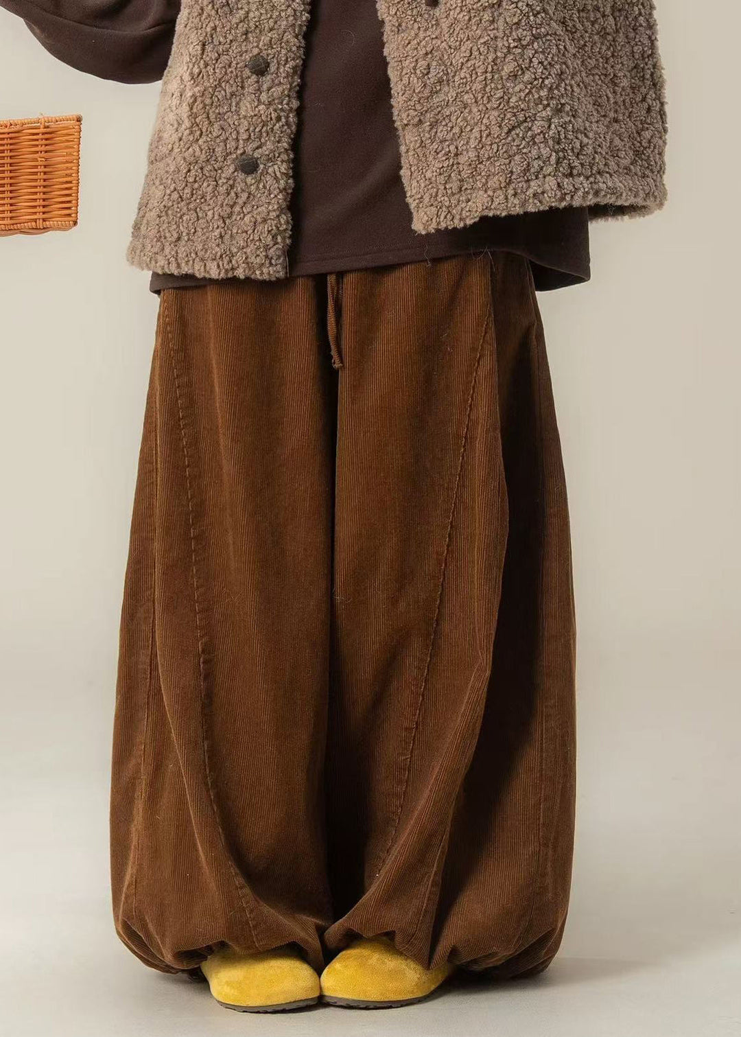 Plus Size Brown Oversized Drawstring Corduroy Wide Leg Pants Spring