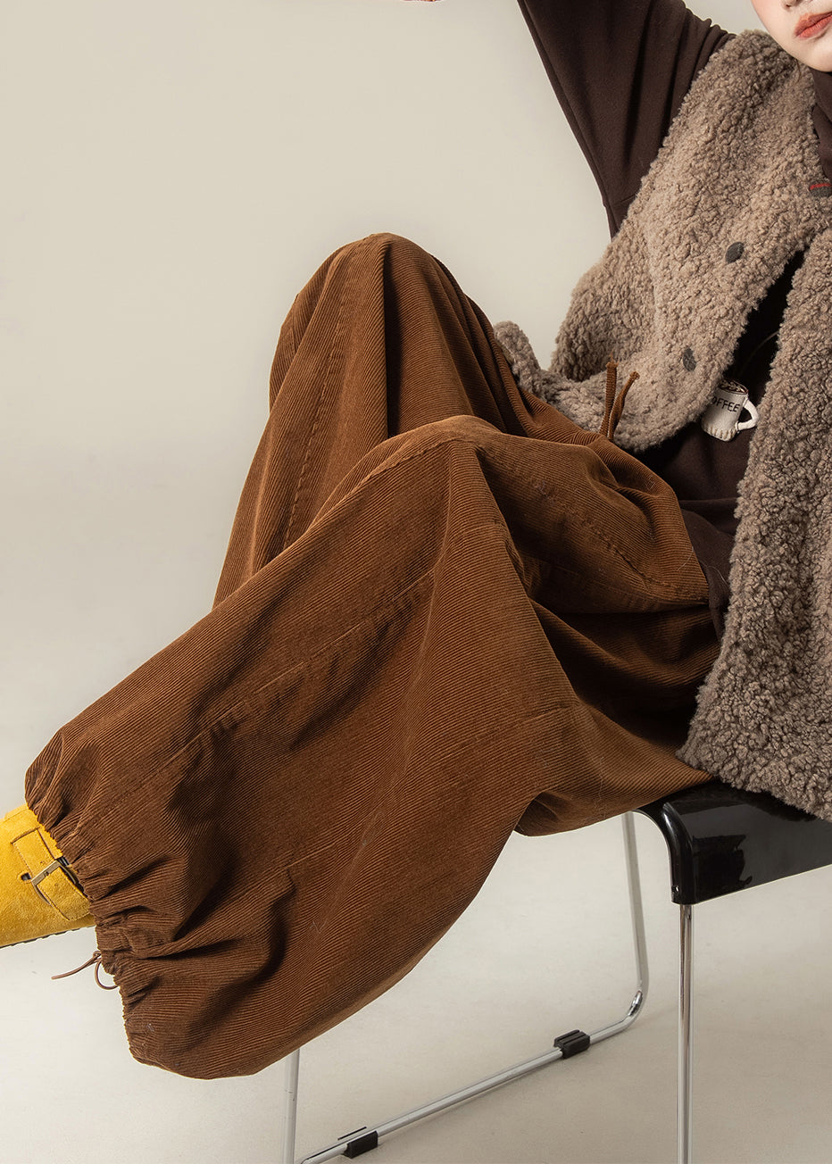 Plus Size Brown Oversized Drawstring Corduroy Wide Leg Pants Spring
