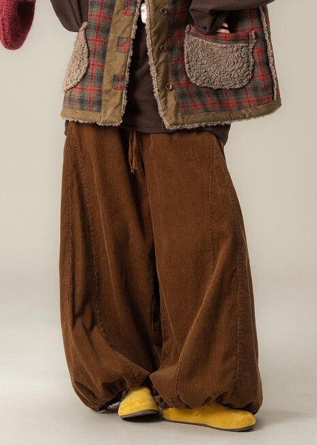 Plus Size Brown Oversized Drawstring Corduroy Wide Leg Pants Spring