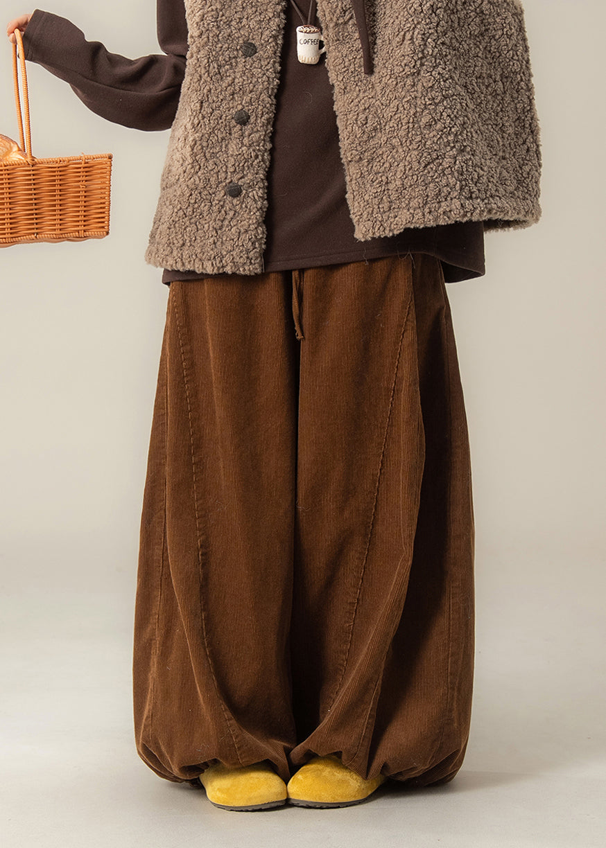 Plus Size Brown Oversized Drawstring Corduroy Wide Leg Pants Spring